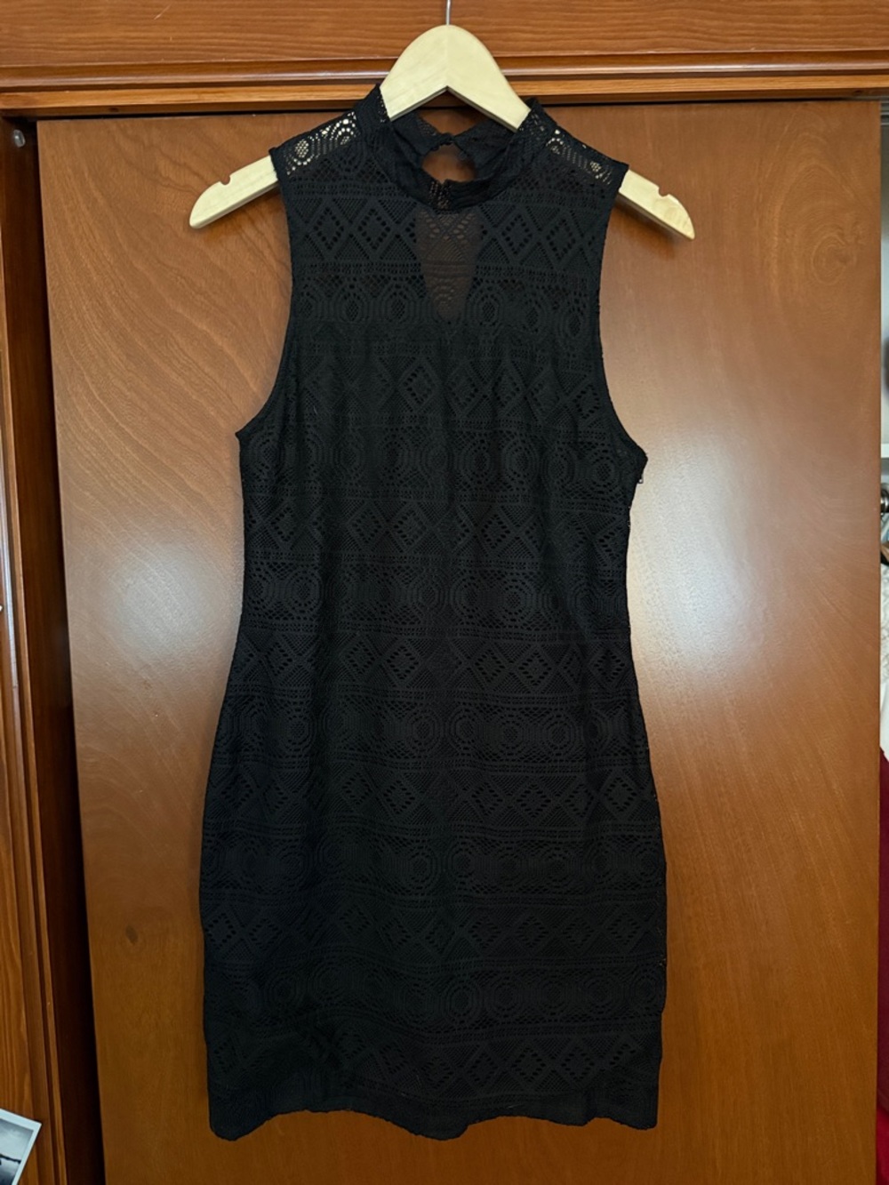 American Eagle Outfitters Black Sleeveless Lace Mini Dress with High Neck